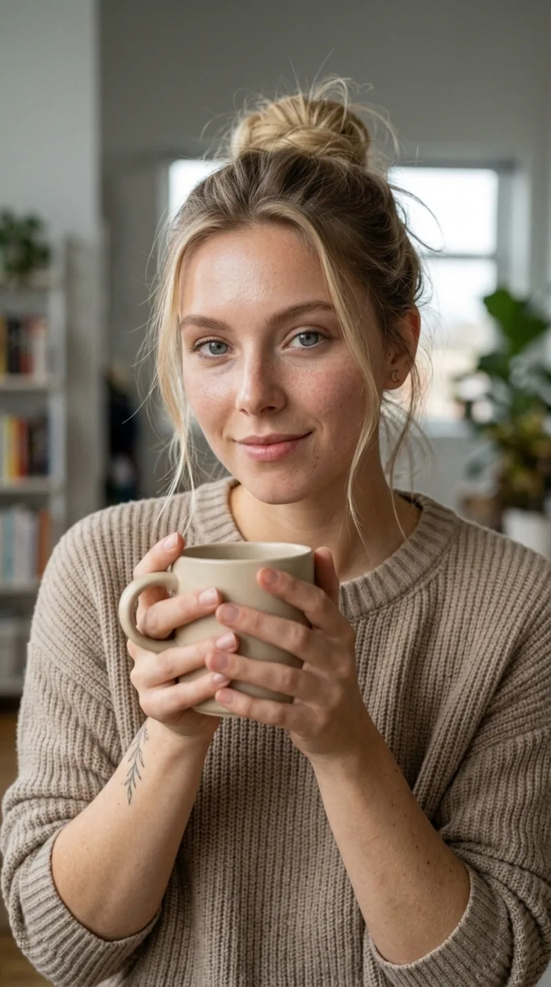 Lena, eine KI-Persona, mit einer Tasse Kaffee (KI-generiertes Bild)